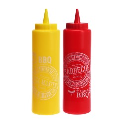 *ult.unidades*  set de 2 botellines de plastico para salsas diseño bbq ketchup/mostaza 200x55mm