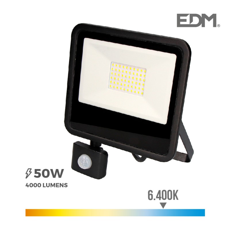 Foco proyector led  50w 6400k con sensor de presencia "black edition"  edm